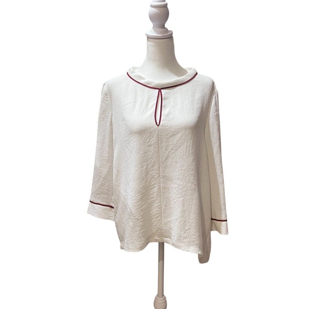 Maje White Crepe Dainty Keyhole Minimalist Blouse Red Trim 3/4 Sleeve Medium